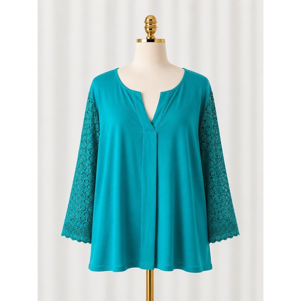 Isaac Mizrahi Live Split Neck 3/4 Sleeve Top Pleat Detail 3X Teal‎ Crochet Lace